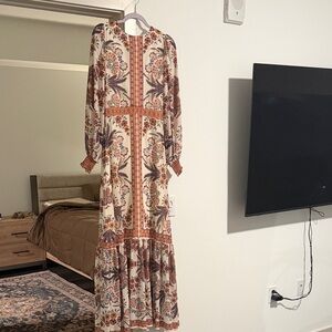 Flying Tomato Bohemian Long Sleeve Dress - Cream and Brown